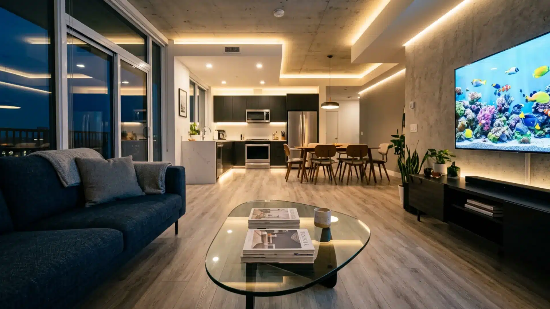 A modern apartment living room with warm cove lighting features a large television displaying a coral reef