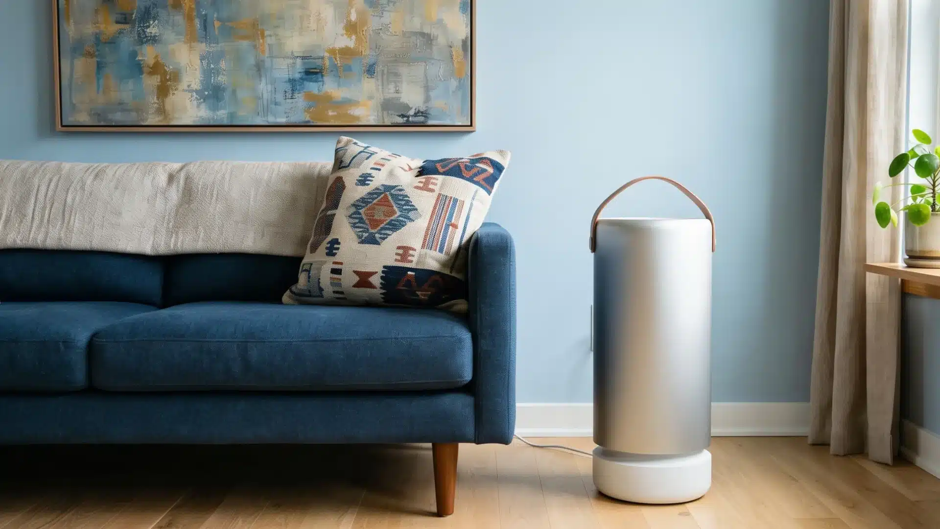 A modern living room setting featuring a sleek, silver cylindrical air purifier with a handle standing next to a blue sofa