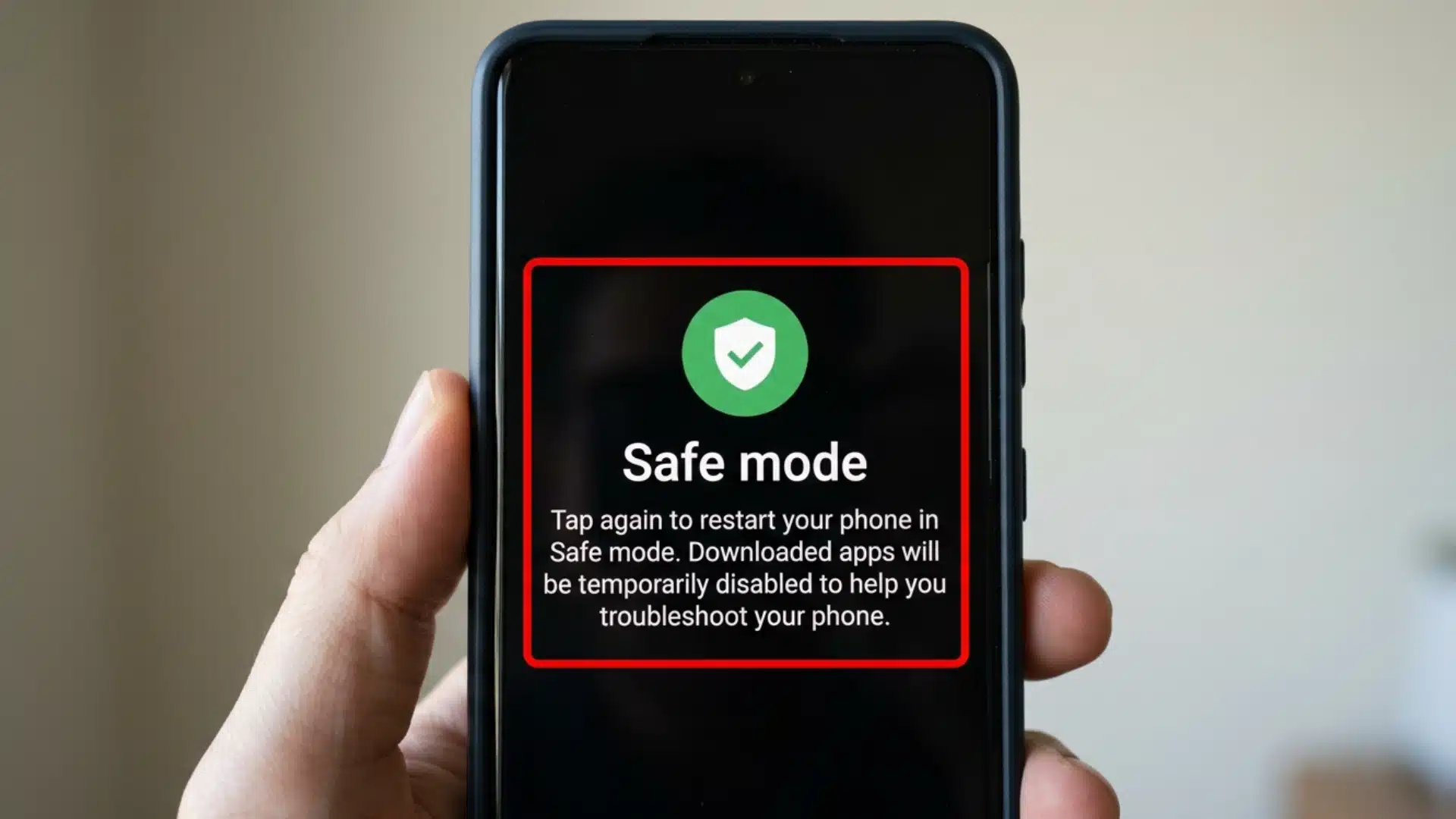 A person holding a smartphone showing a Safe mode prompt with a green shield icon on a black screen