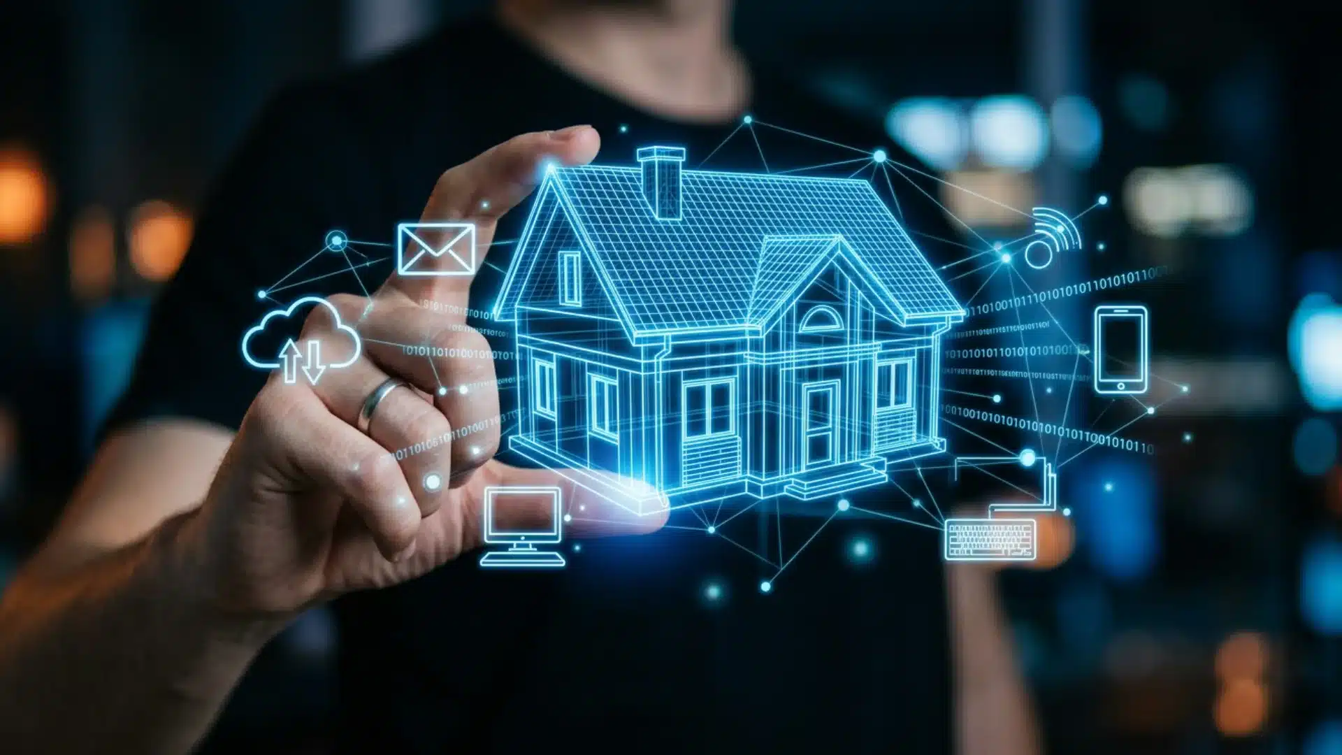 A person's hand interacts with a glowing blue digital wireframe house model and various connectivity icons