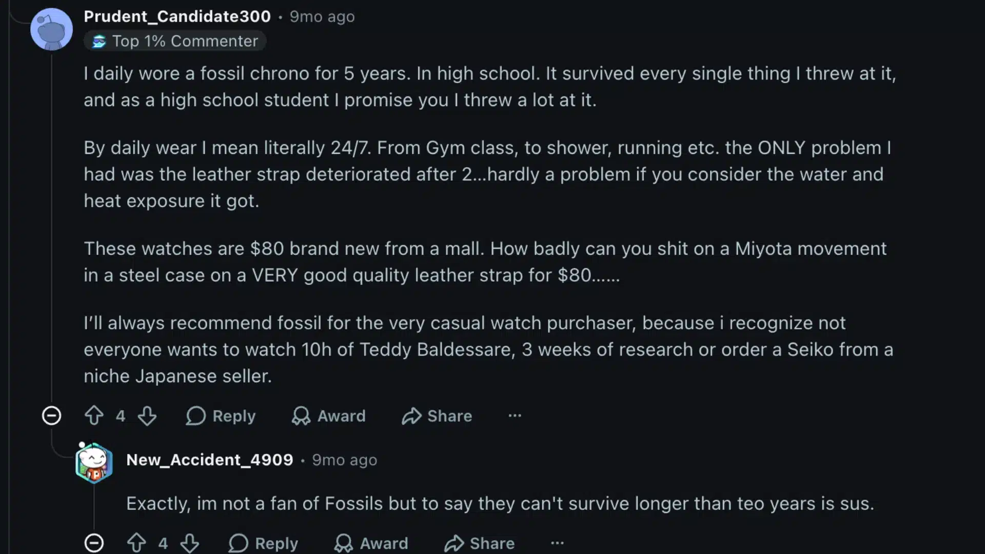A Reddit thread in the rWatches community discussing opinions on whether Fossil is considered a good watch brand