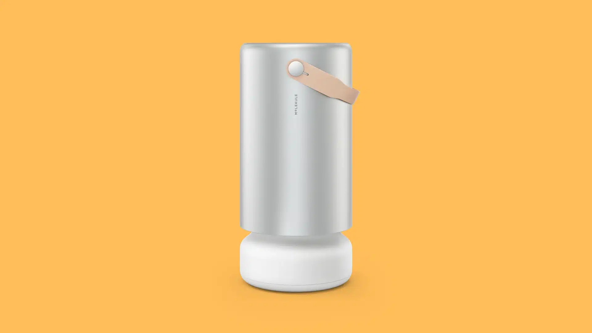 A silver cylindrical Molekule air purifier with a leather carry handle stands vertically against a plain background