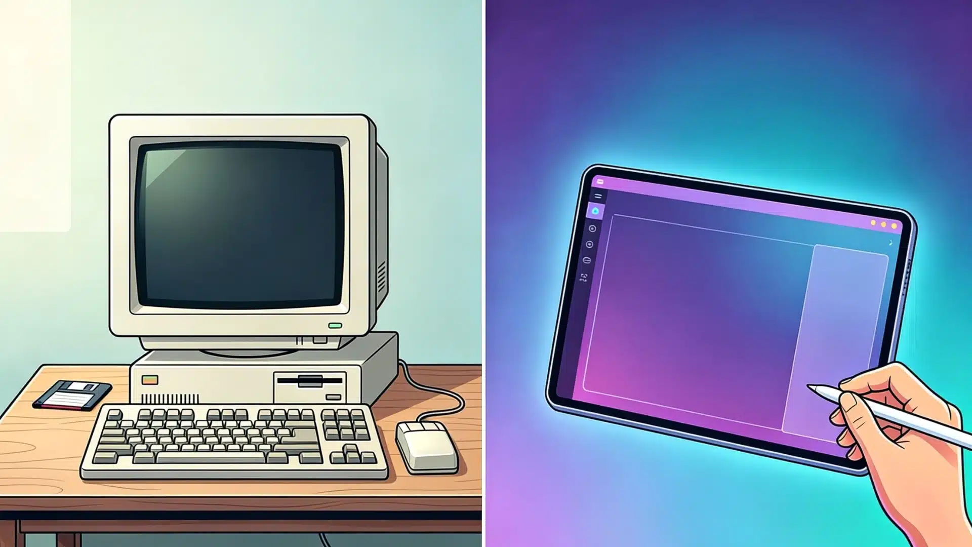 A split image comparing an old retro desktop computer setup with a modern digital tablet and stylus