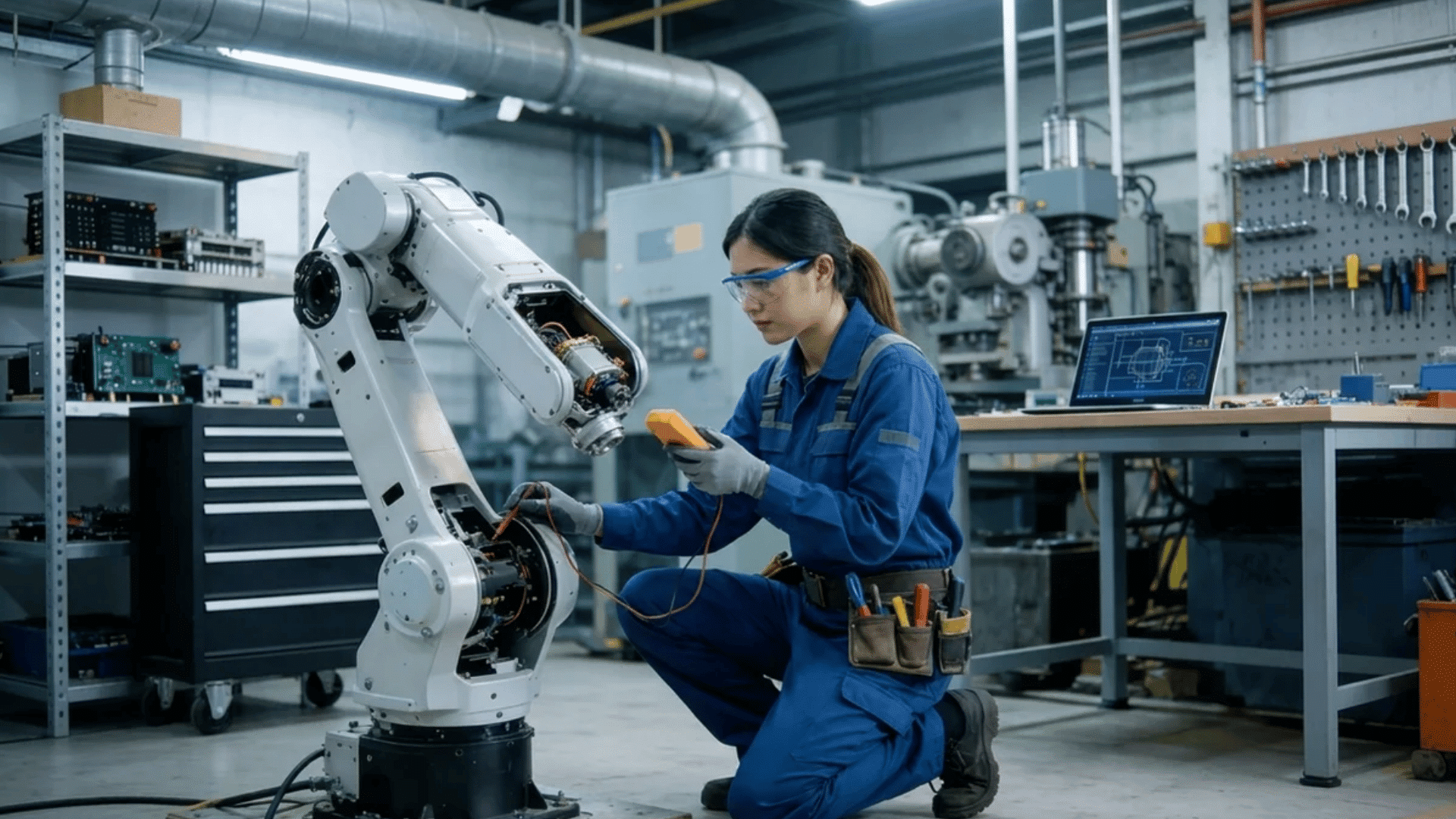 a technician kneeling beside an industrial robotic arm while testing electrical components with a multimeter in a workshop
