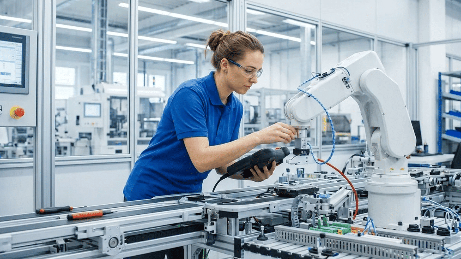 a technician wearing safety glasses adjusts an industrial robotic arm while holding a control device on an automated factory assembly line