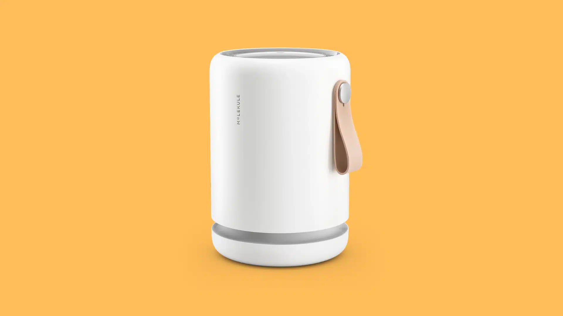 A white cylindrical Molekule air purifier with a leather carry handle stands vertically against a plain white background