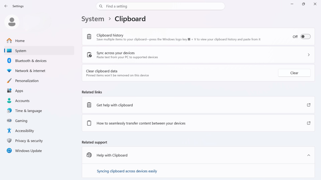 about clipboard windows clipboard settings page showing clipboard history disabled with sync options and clear clipboard data controls