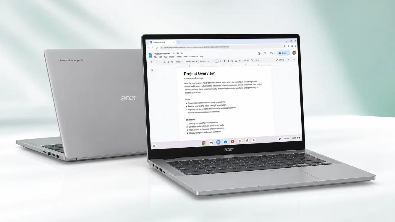 acer chromebook plus 514 in silver shown open with browser writing tools and official lid branding
