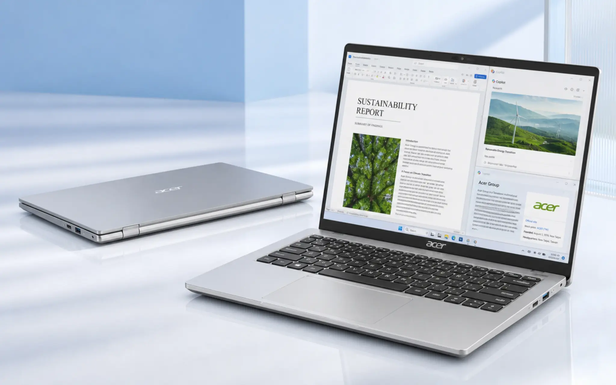 acer swift go 14 ai in silver showing a writing draft and research tabs in a bright studio setup