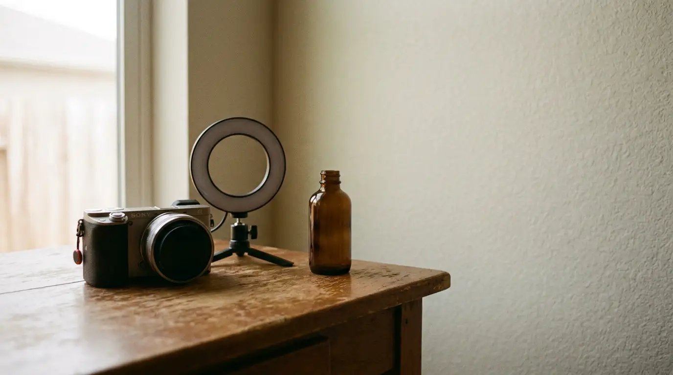 Camera and ring light on wooden table near amber bottle in soft natural light