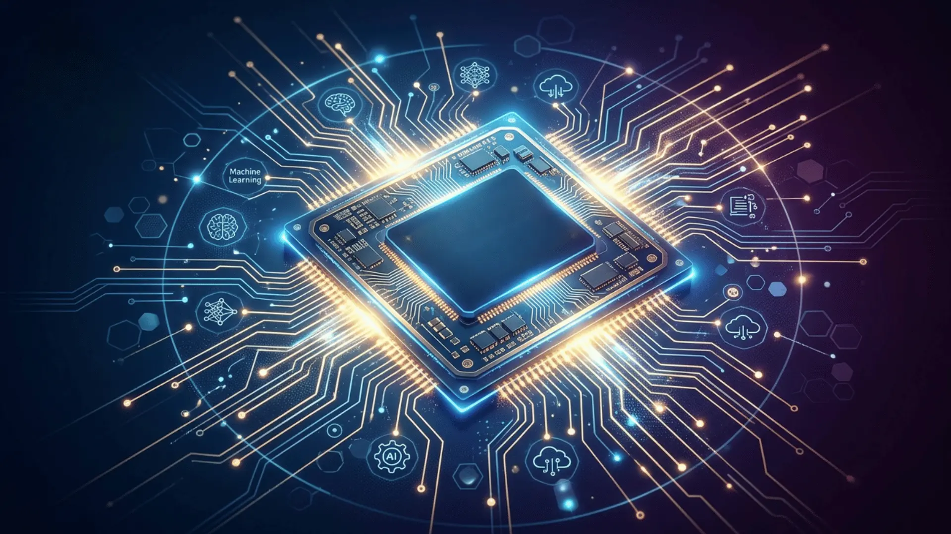A glowing blue computer processor illuminated by golden circuit pathways, with a red tech logo in the corner