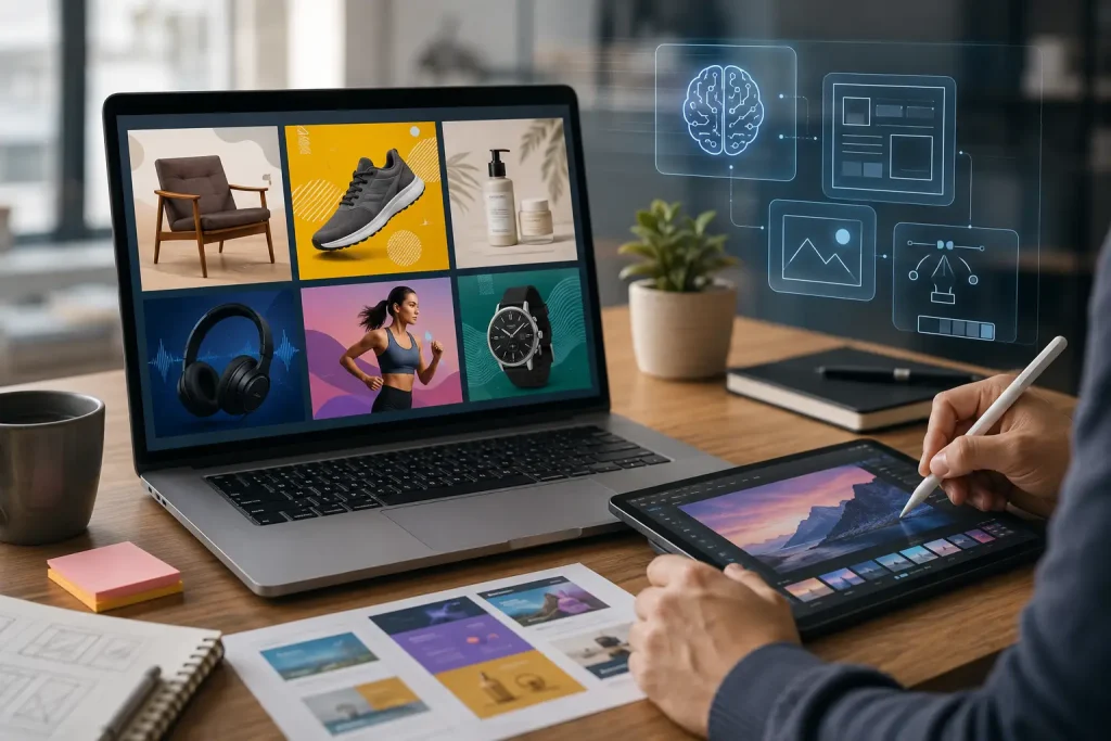 Designing digital graphics on tablet and laptop in modern office setting with illustrations displayed