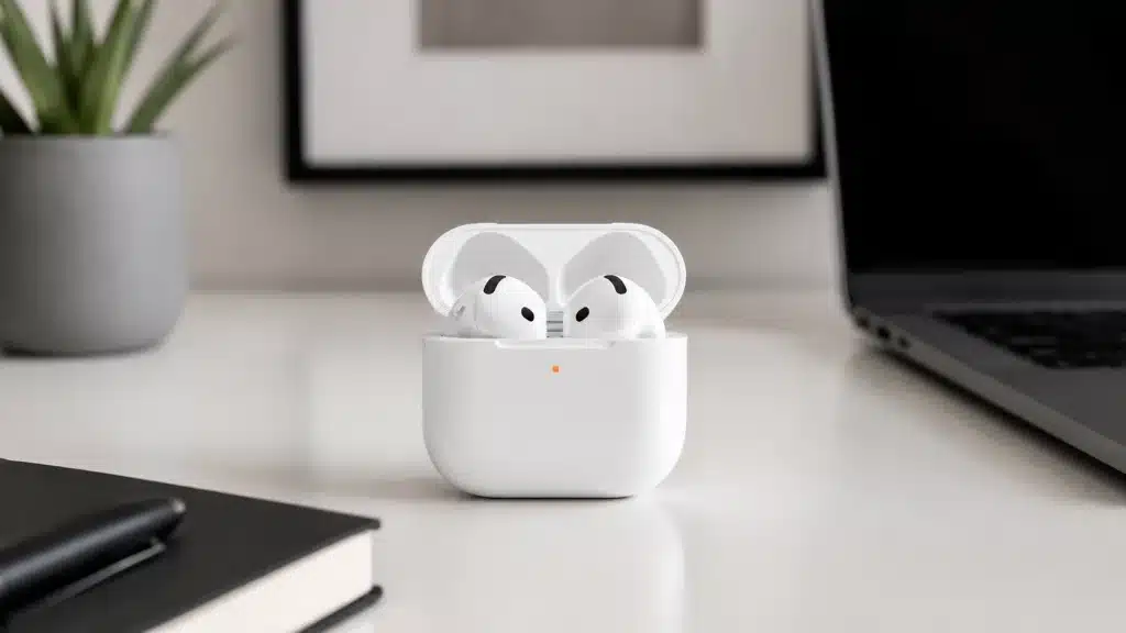 AirPods case with orange light on a minimal office desk beside laptop, plant, notebook, and pen