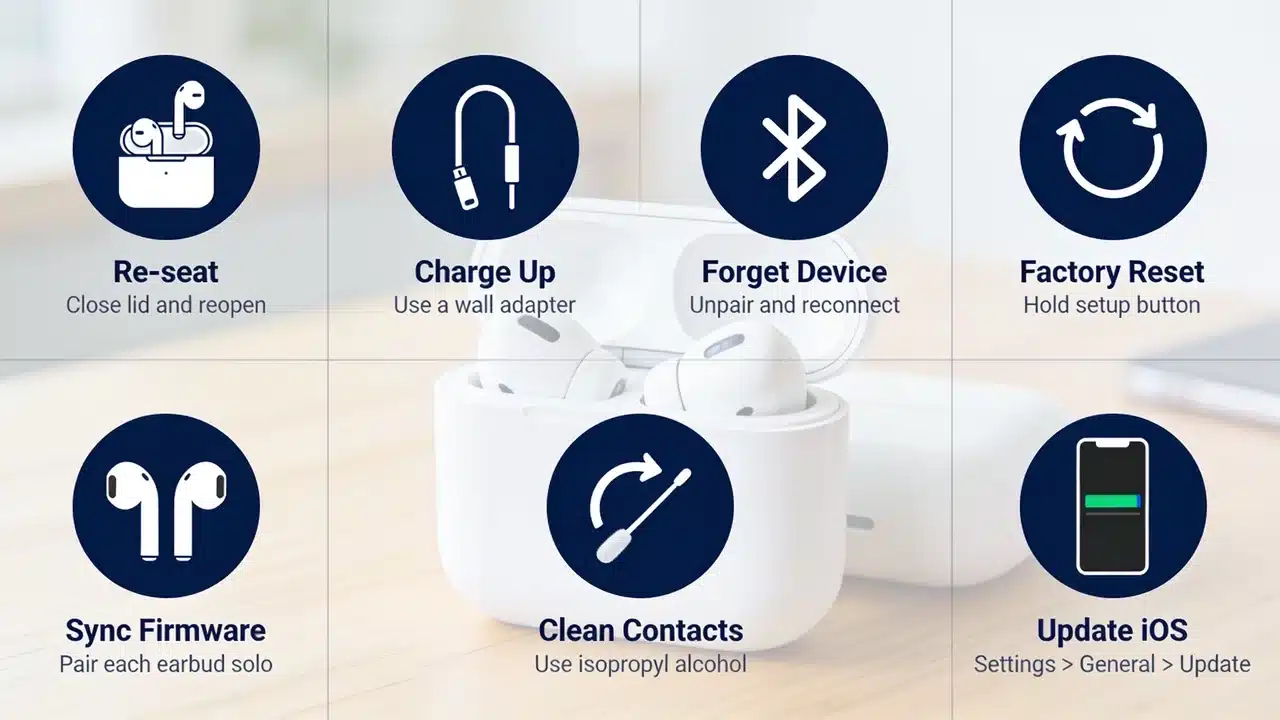 AirPods orange light fixes including re-seat, charge, forget device, reset, sync, clean, and update iOS