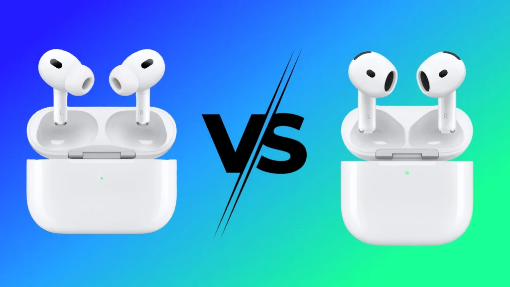 AirPods Pro 2 vs AirPods 4 side-by-side comparison showing in-ear and open-ear earbud designs