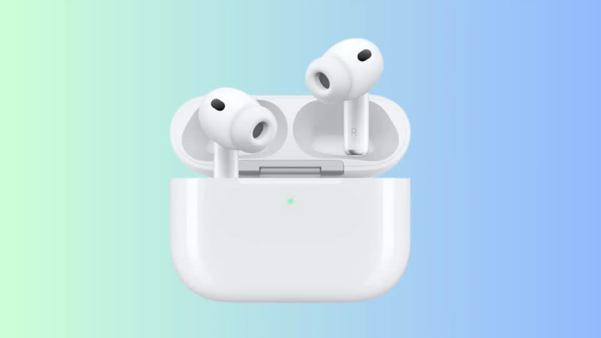 AirPods Pro 3 in an open charging case on a green and blue gradient background