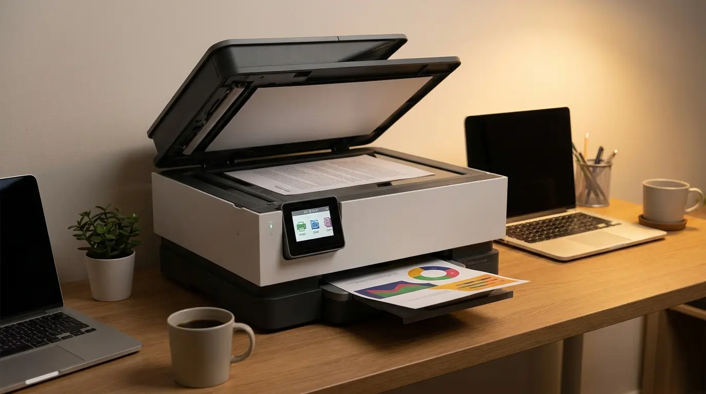 all in one printer on home office desk showing printing scanning and copying functions in realistic setting