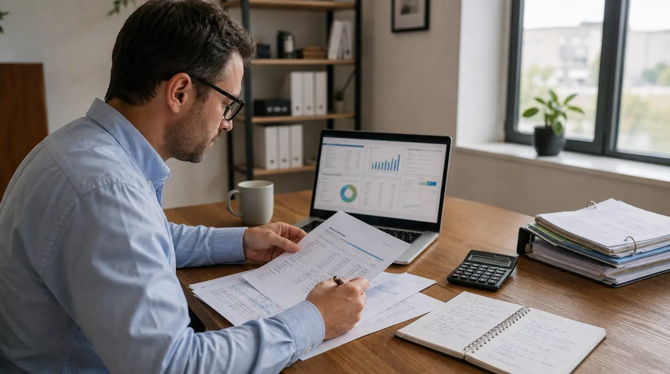 american accountant checking ai financial results with source records and accounting documents