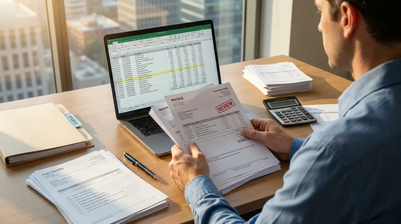 american accountant reviewing flagged month end reconciliation records beside laptop and invoice files