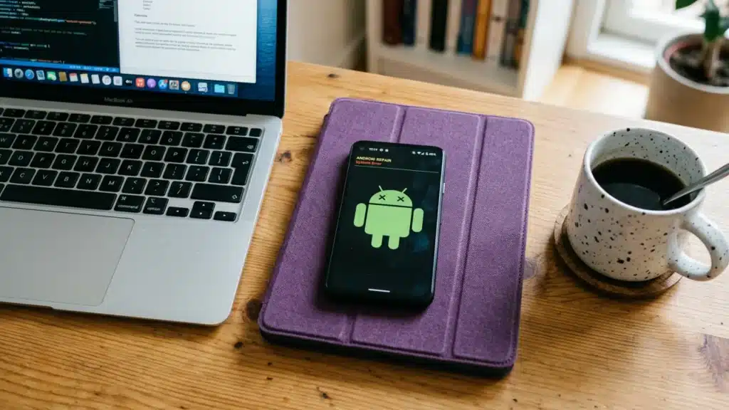 An Android phone displaying a system repair error screen on a wooden desk next to a laptop and a coffee mug