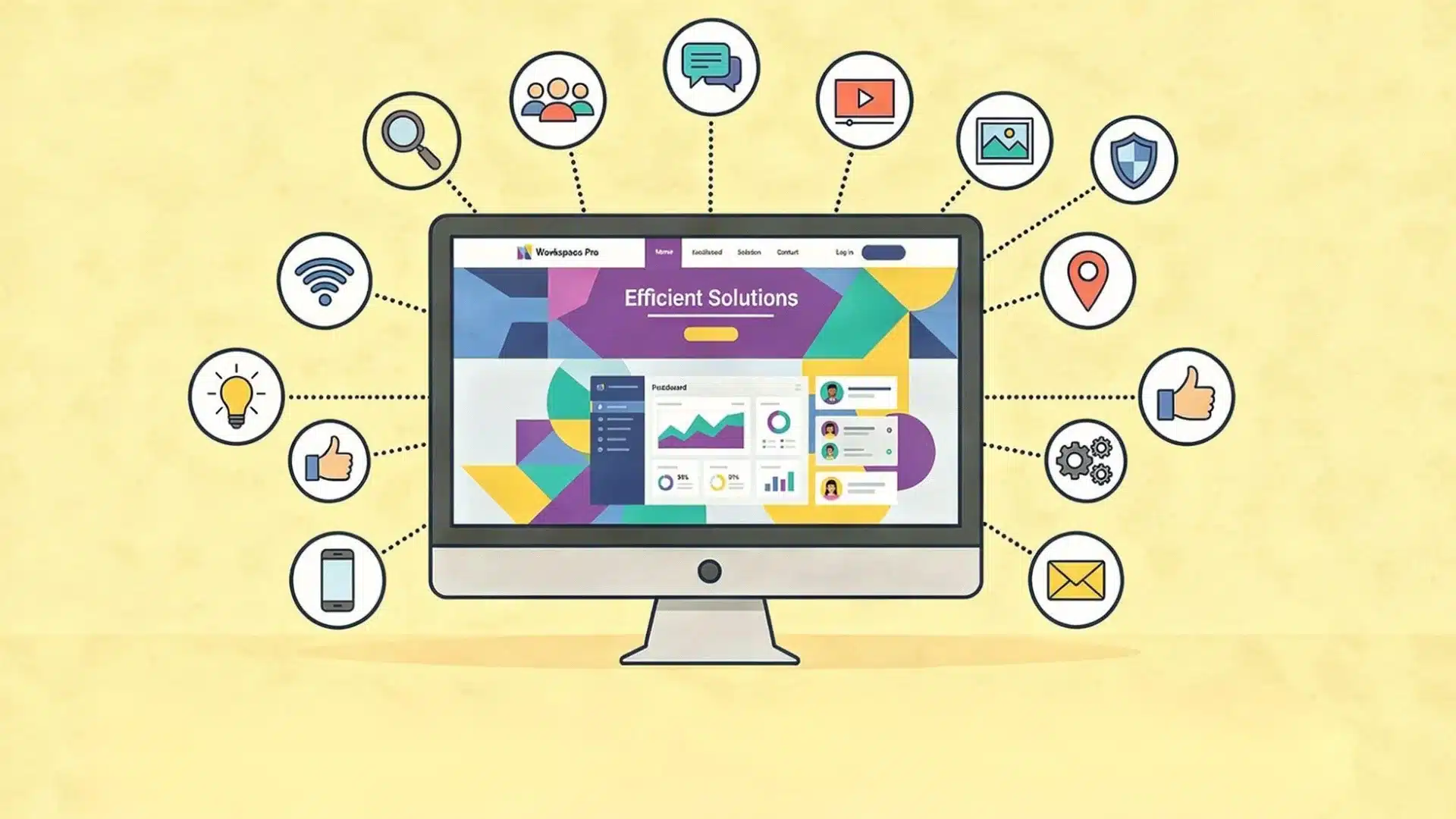 An illustration of a computer monitor displaying a dashboard, surrounded by various productivity icons