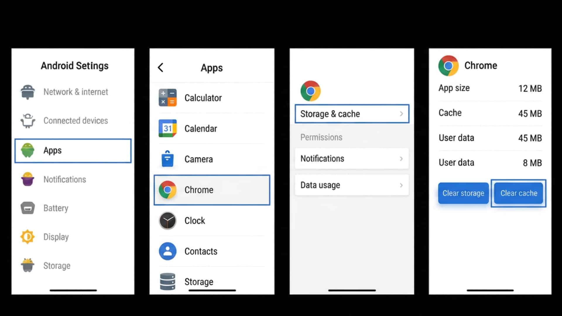 android cache clearing steps showing settings apps storage and clear cache options