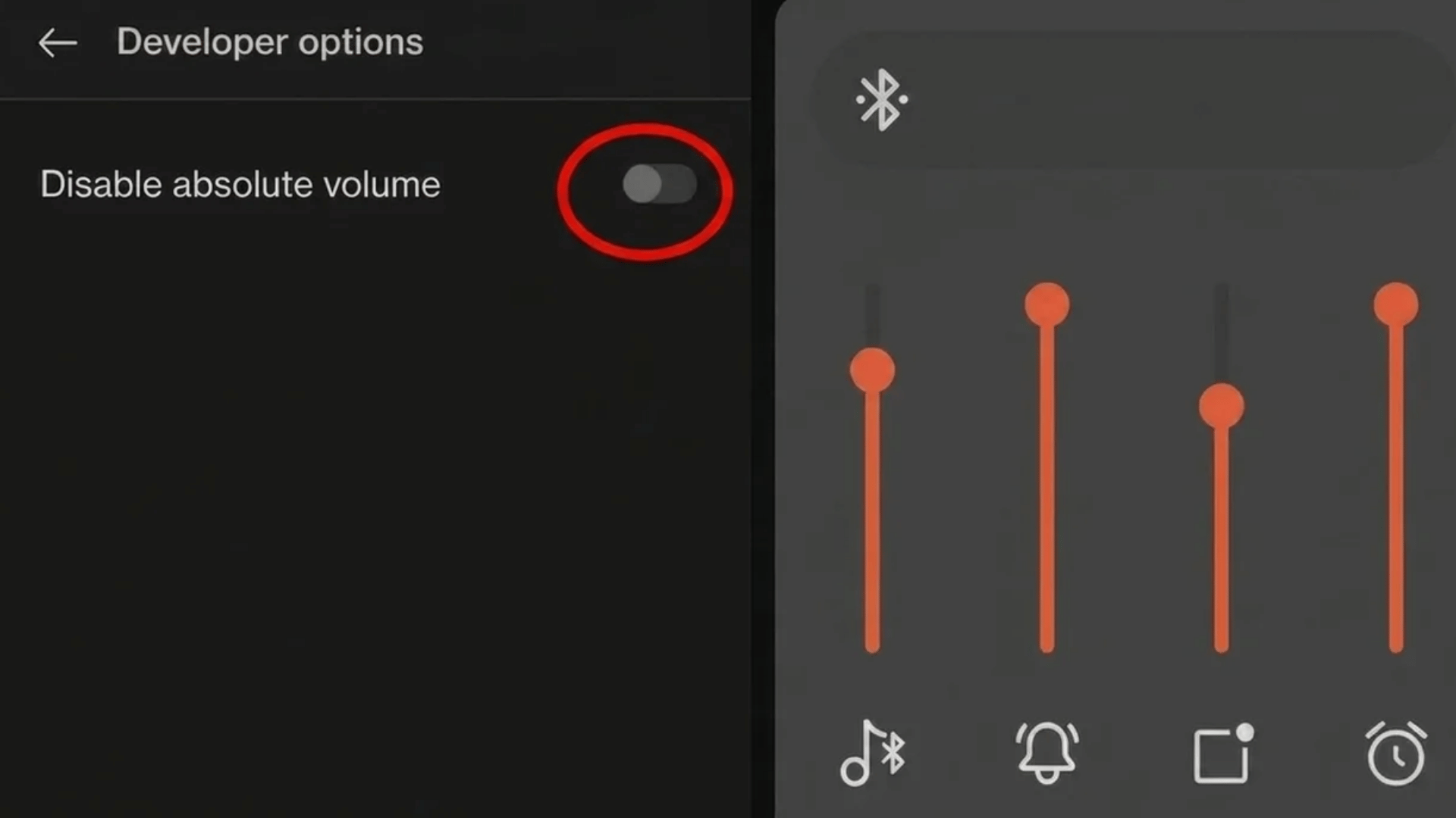 android developer options screen showing disable absolute volume toggle turned off beside bluetooth volume control sliders
