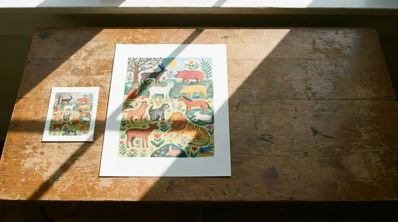 Two colorful animal illustrations on a sunlit wooden table