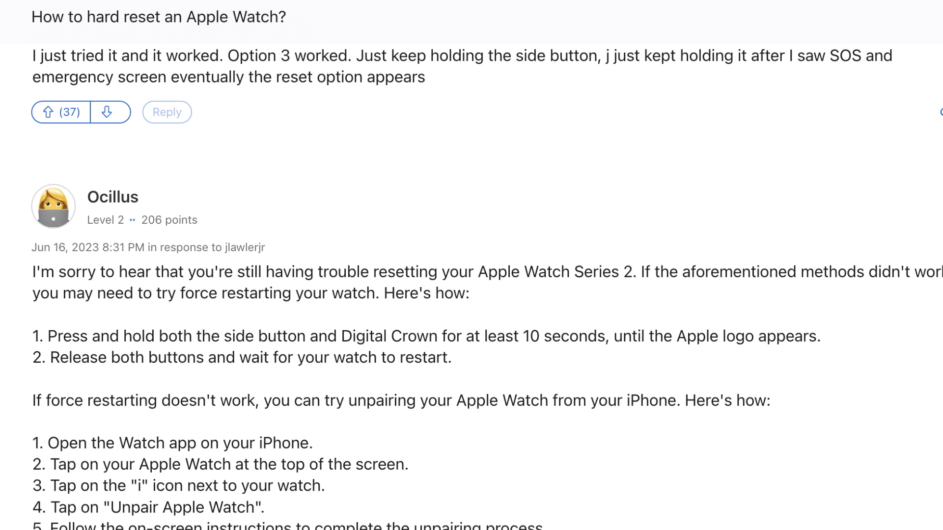 Apple Community discussion showing reset tips for a locked Apple Watch using the Side button and Digital Crown