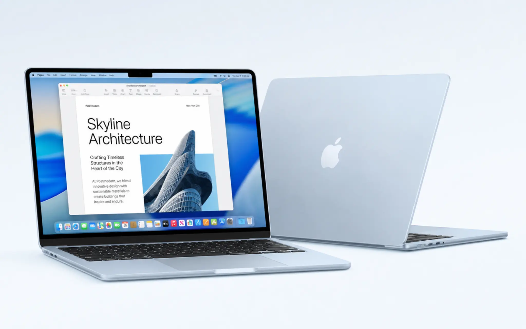 apple macbook air 13 inch m5 in sky blue shown open and closed in an official studio setting