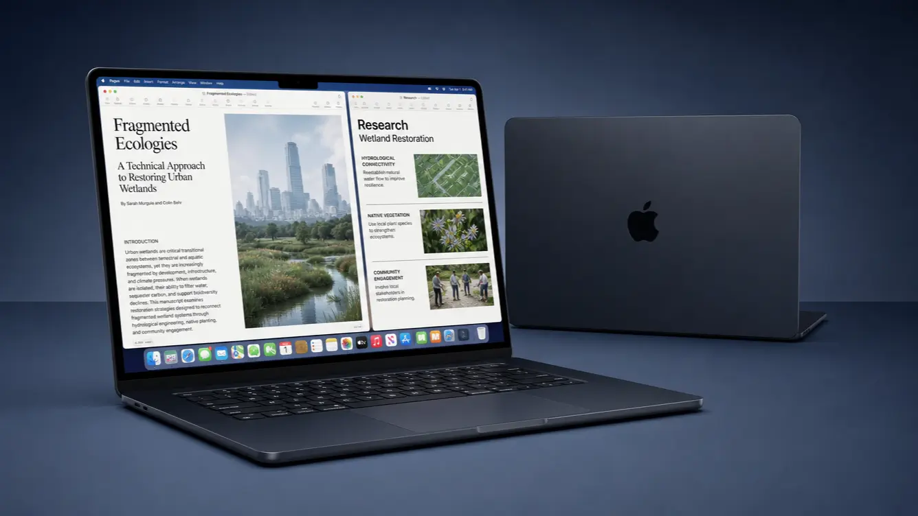 apple macbook air 15 inch m5 in midnight showing a large writing screen and official apple logo