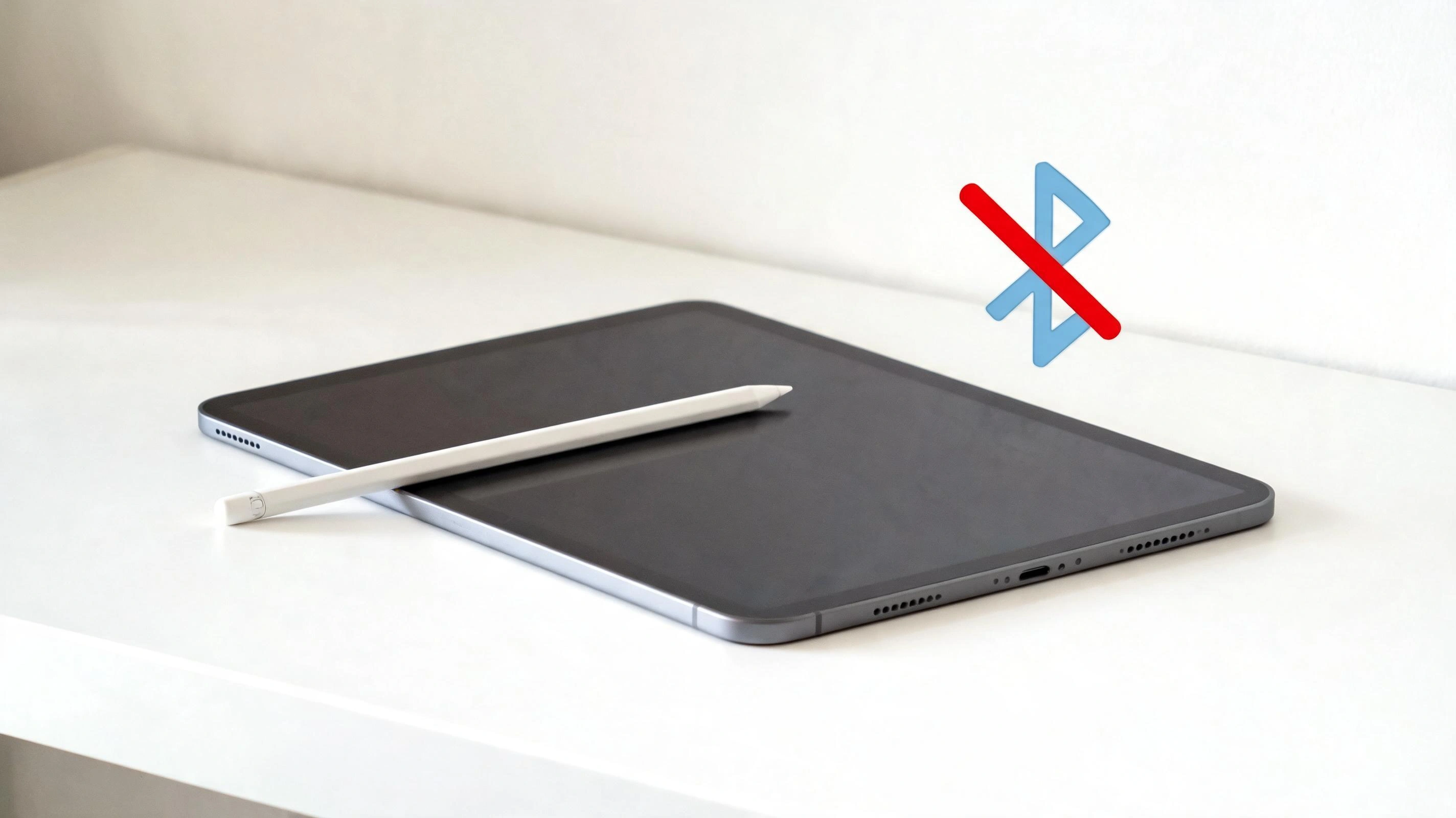 Apple Pencil resting on closed iPad with a crossed-out Bluetooth icon showing no connection