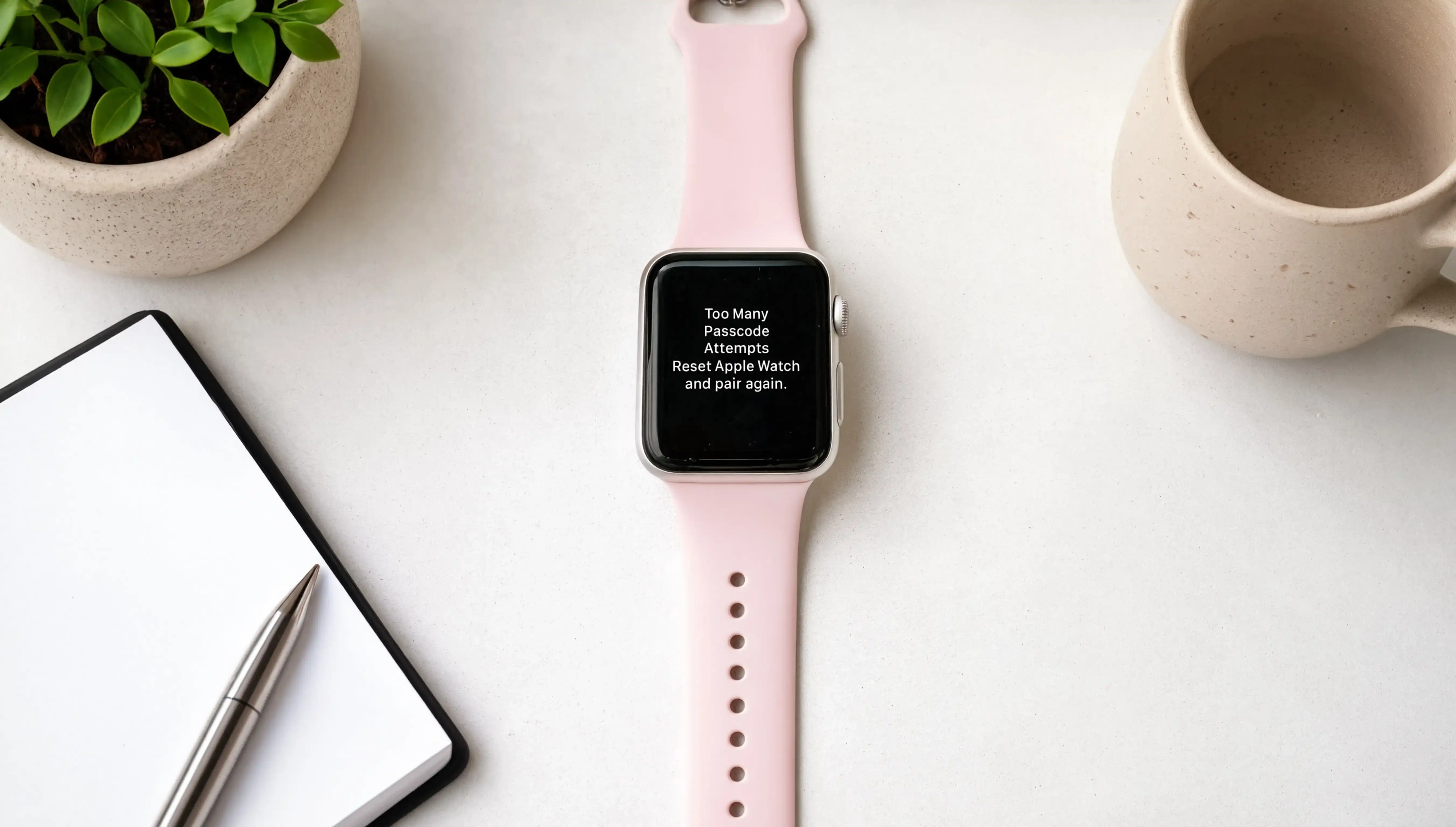Apple Watch with pink band showing too many passcode attempts message on a desk with plant and notebook