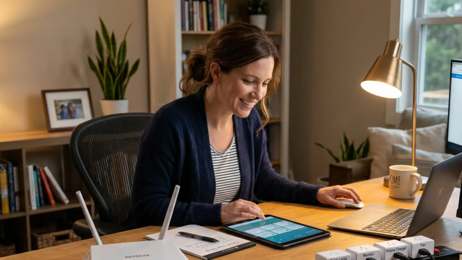 A smiling woman sits at a wooden desk using a tablet next to a laptop, a router, and a smart power strip