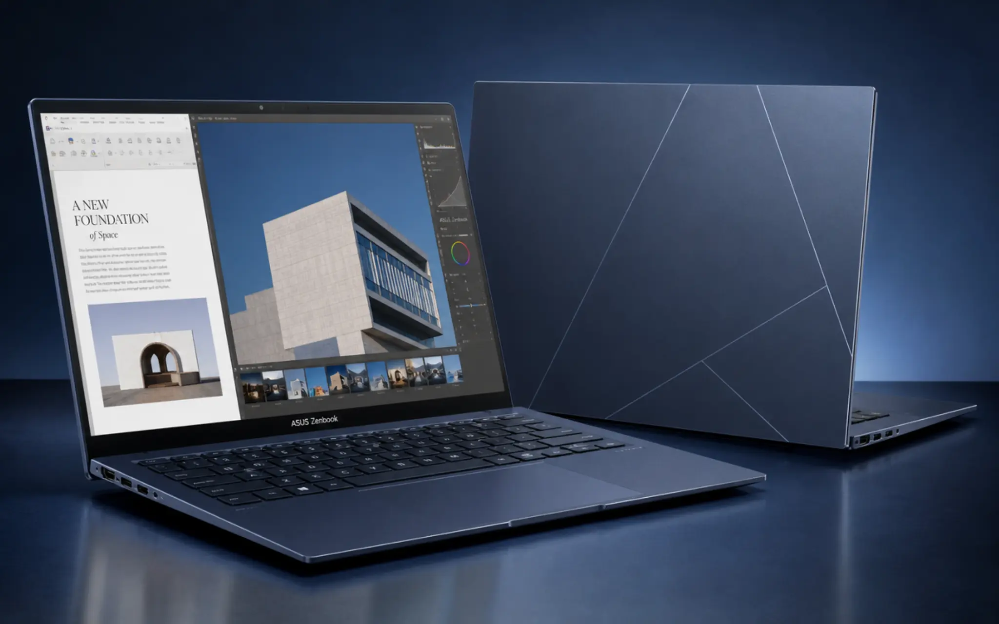 asus zenbook 14 oled in ponder blue shown open with its official lid monogram in a studio scene