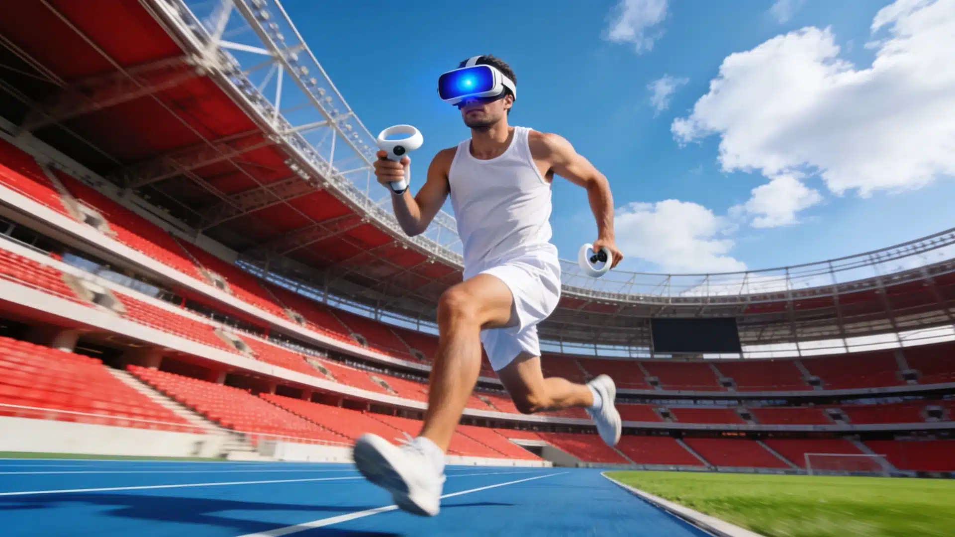 Athlete uses VR wearable while running on a stadium track