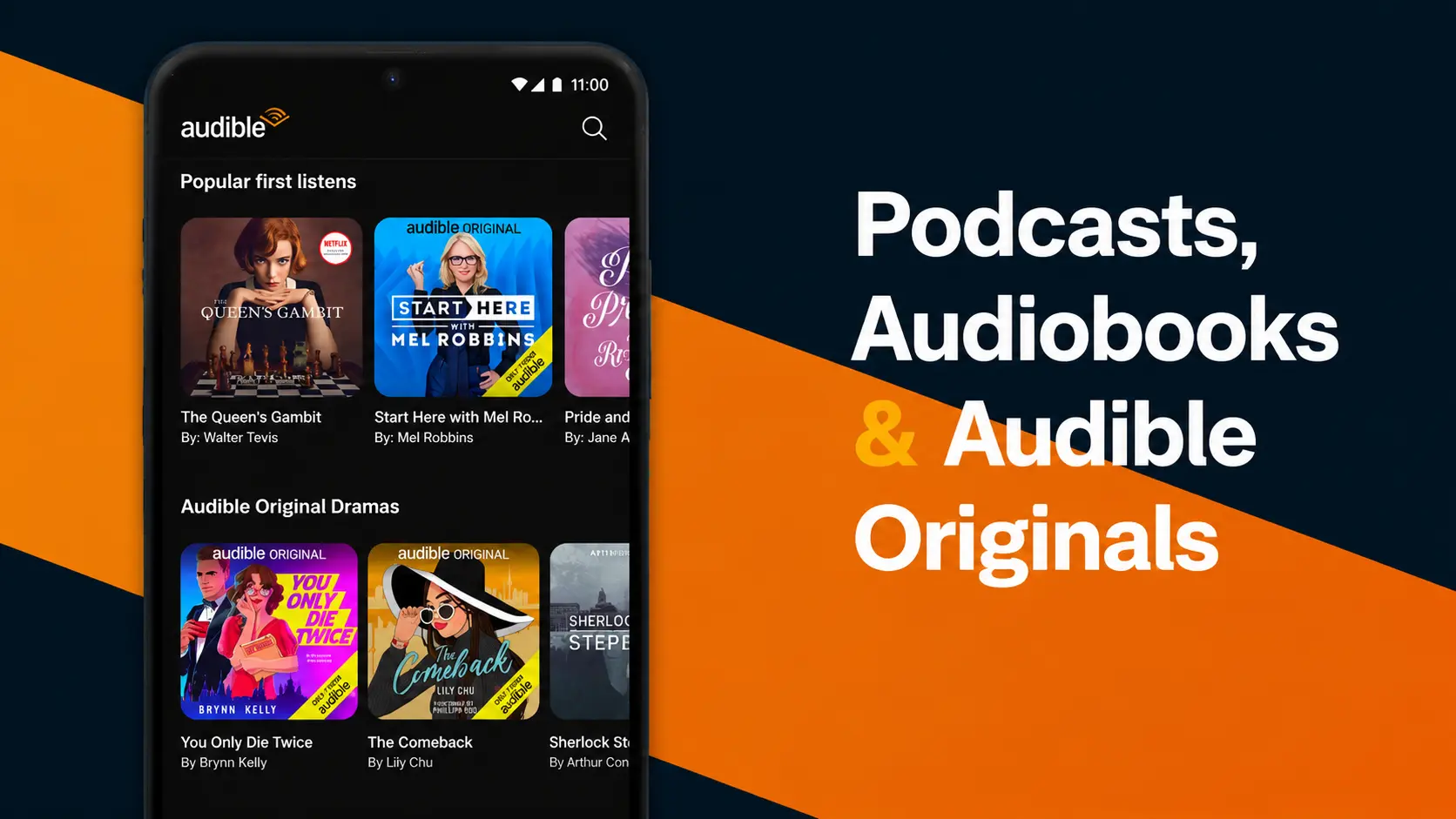 audible app interface showing audiobooks and podcasts on smartphone screen with digital audio content layout