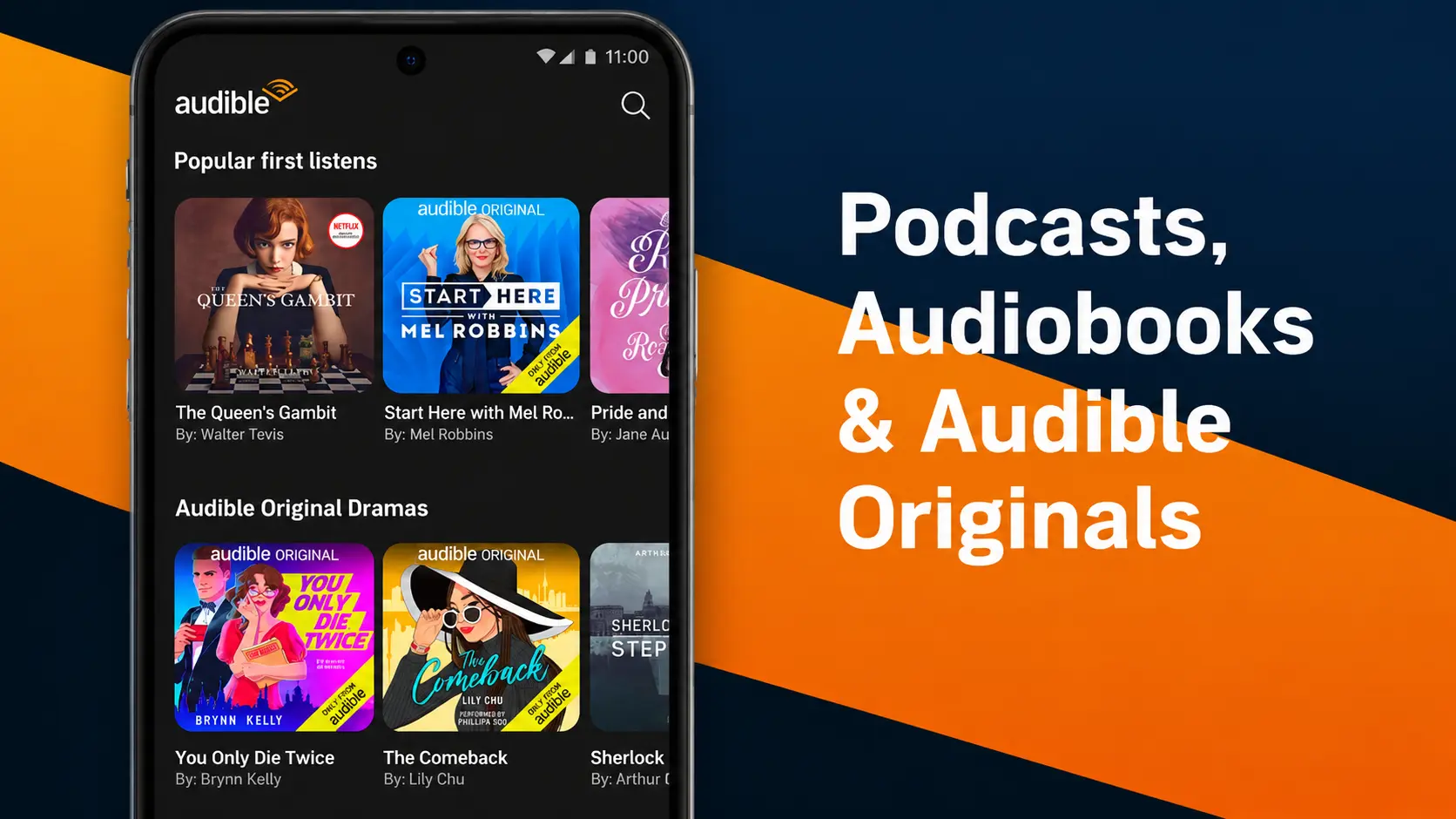 audible app showing audiobooks and podcasts for entertainment during long road trips