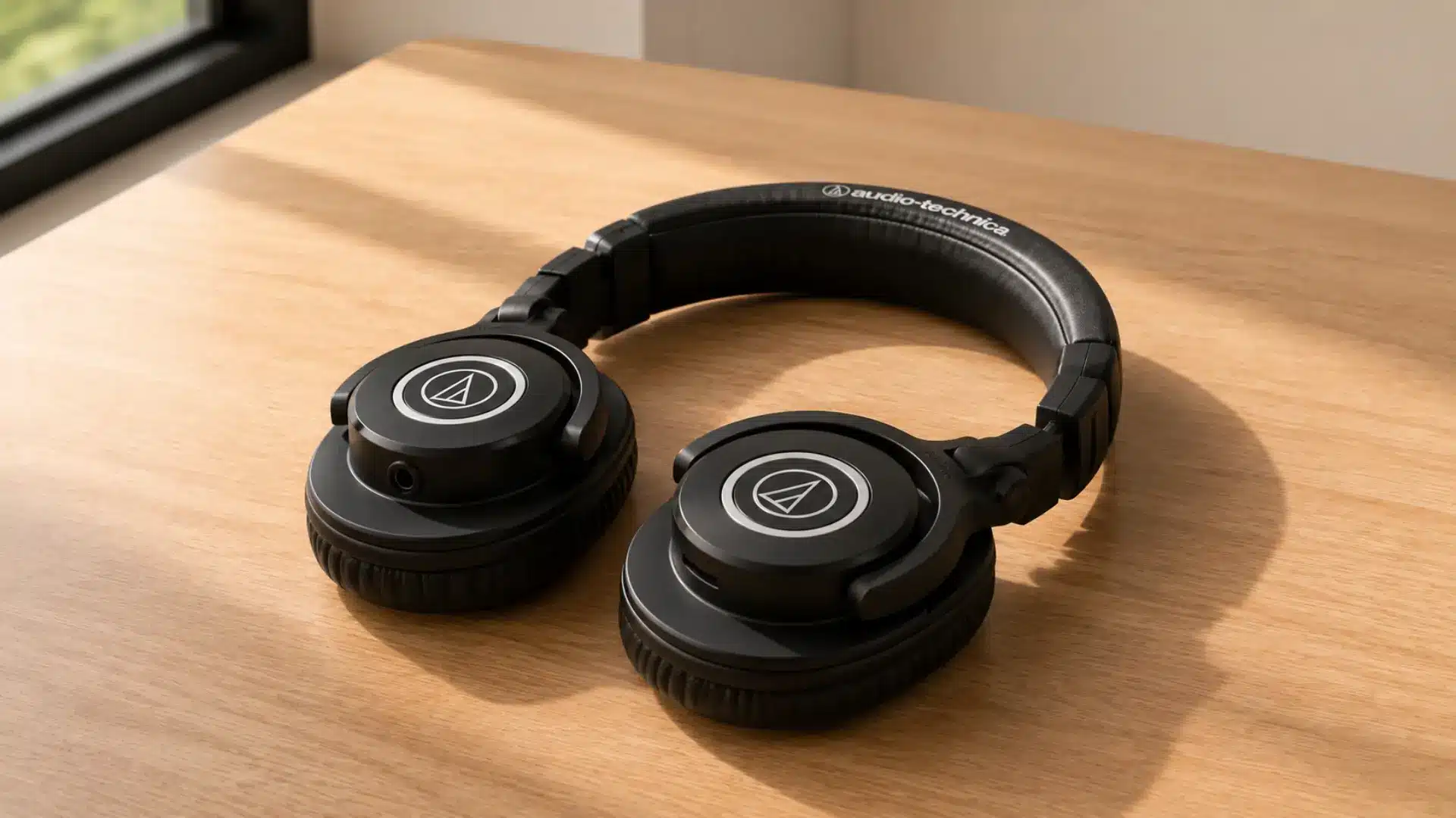 Audio-Technica ATH-M40x headphones folded flat on a wooden desk in natural daylight