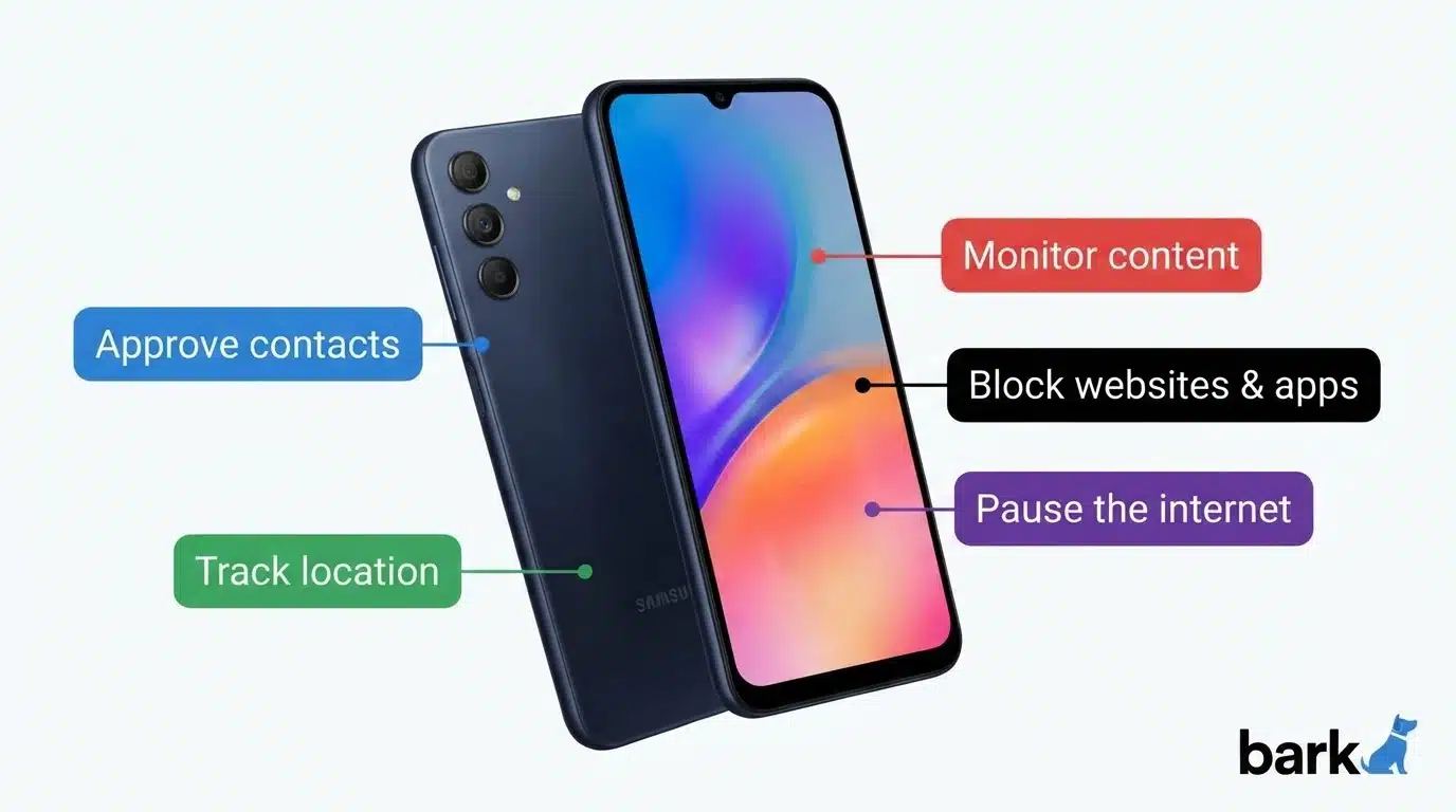 bark phone showing parental controls for contacts apps websites and location tracking