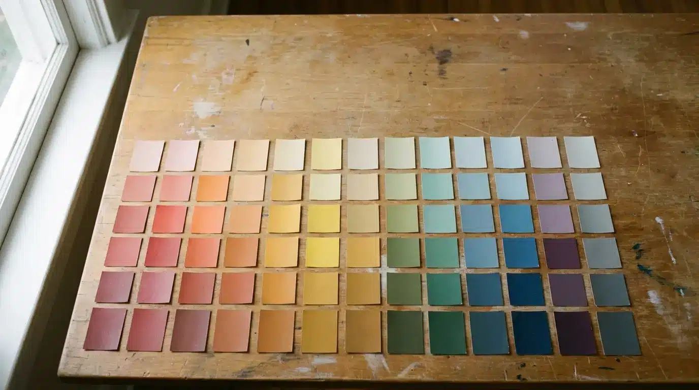 Color swatches arranged on a wooden table near a window in natural light