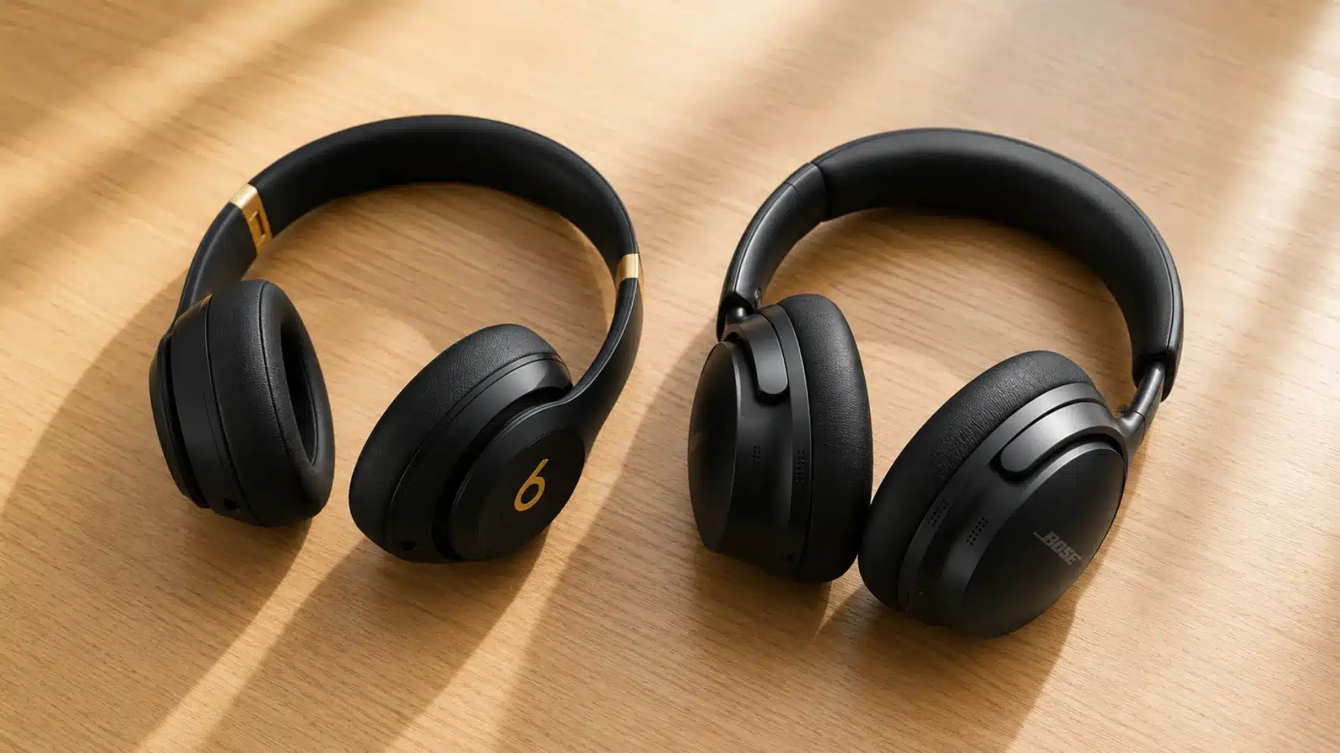 Beats and Bose headphones placed side by side on a wooden desk
