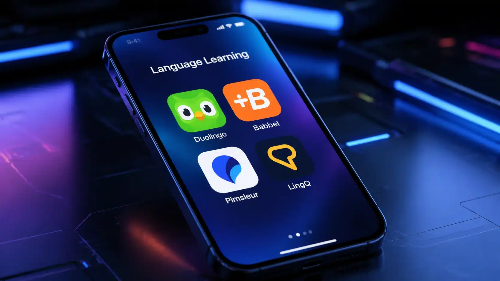 smartphone displaying popular language learning apps on a futuristic background