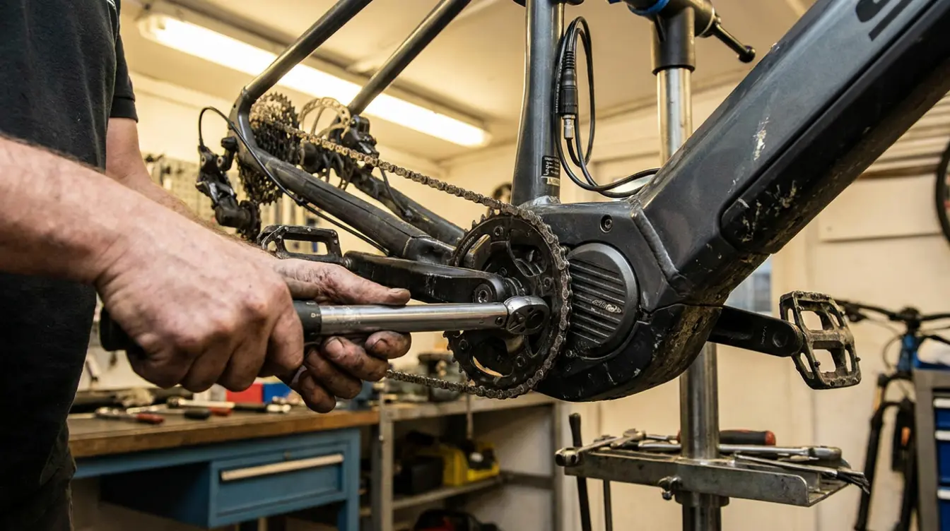 bike mechanic inspecting an electric bike mid drive motor chain and crank in a working repair shop