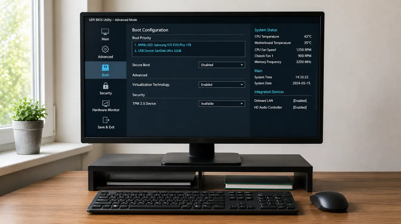 bios settings screen showing boot priority secure boot virtualization and system hardware controls