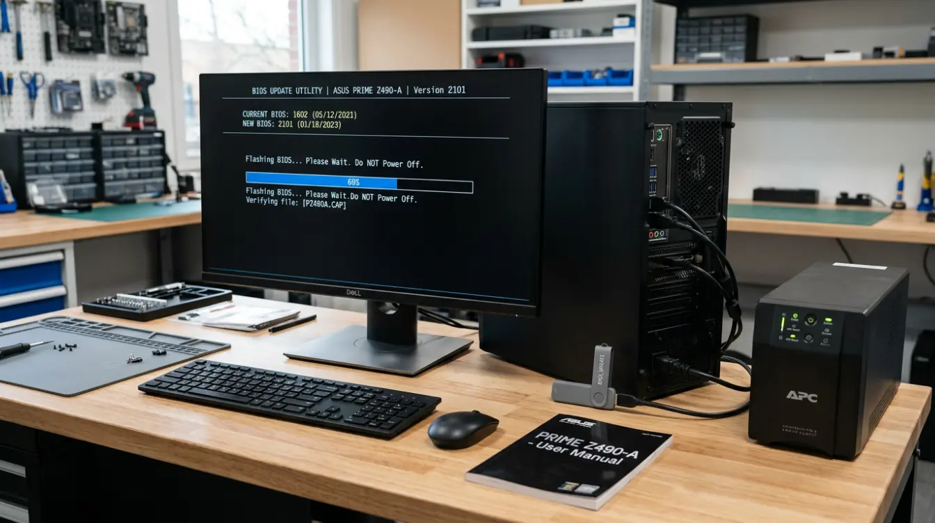 bios update screen on a desktop computer, stable power connection and matching motherboard details