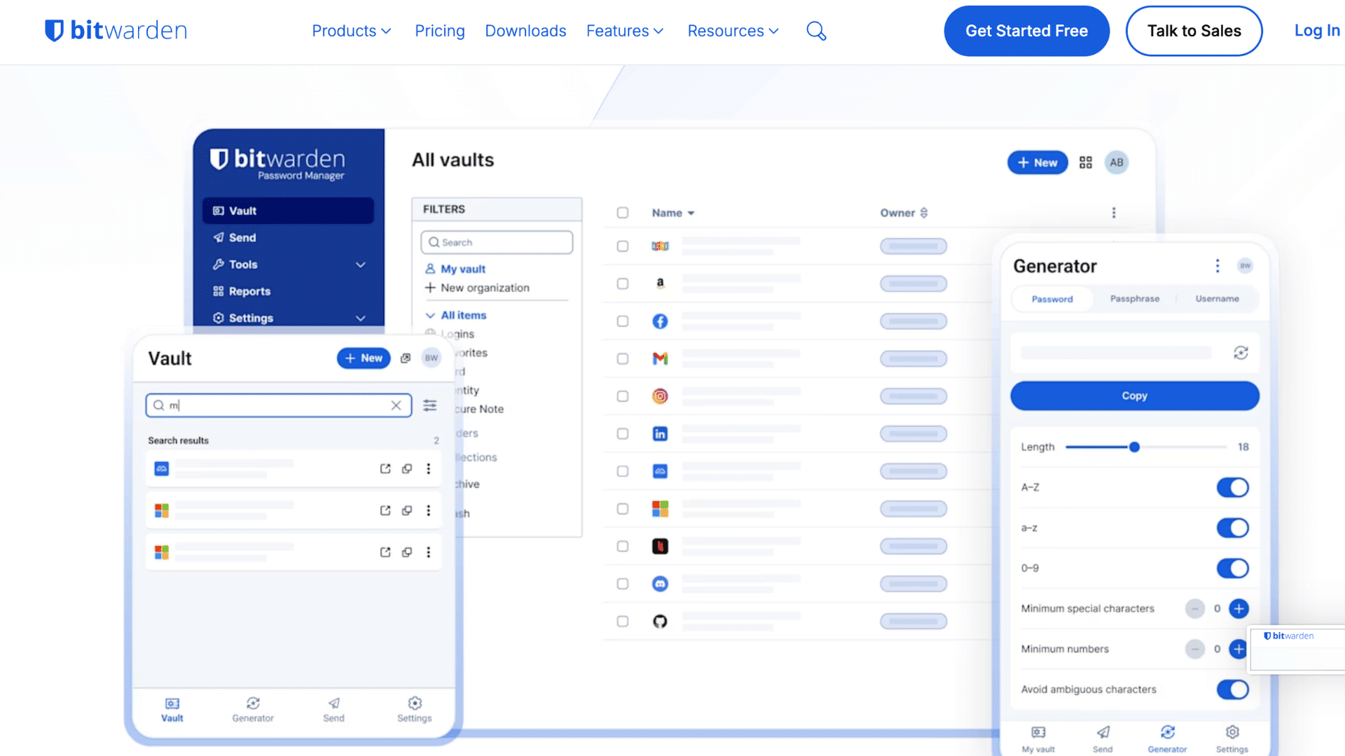 bitwarden password manager dashboard showing vault search saved accounts and password generator across desktop and mobile screens