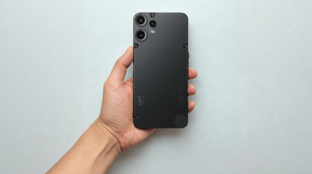 black cmf phone 2 pro held in hand showing rear modular design and triple camera setup