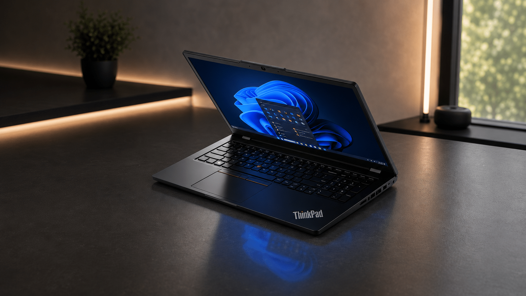black lenovo thinkpad laptop displaying windows 11 on a modern desk with warm lighting and a plant
