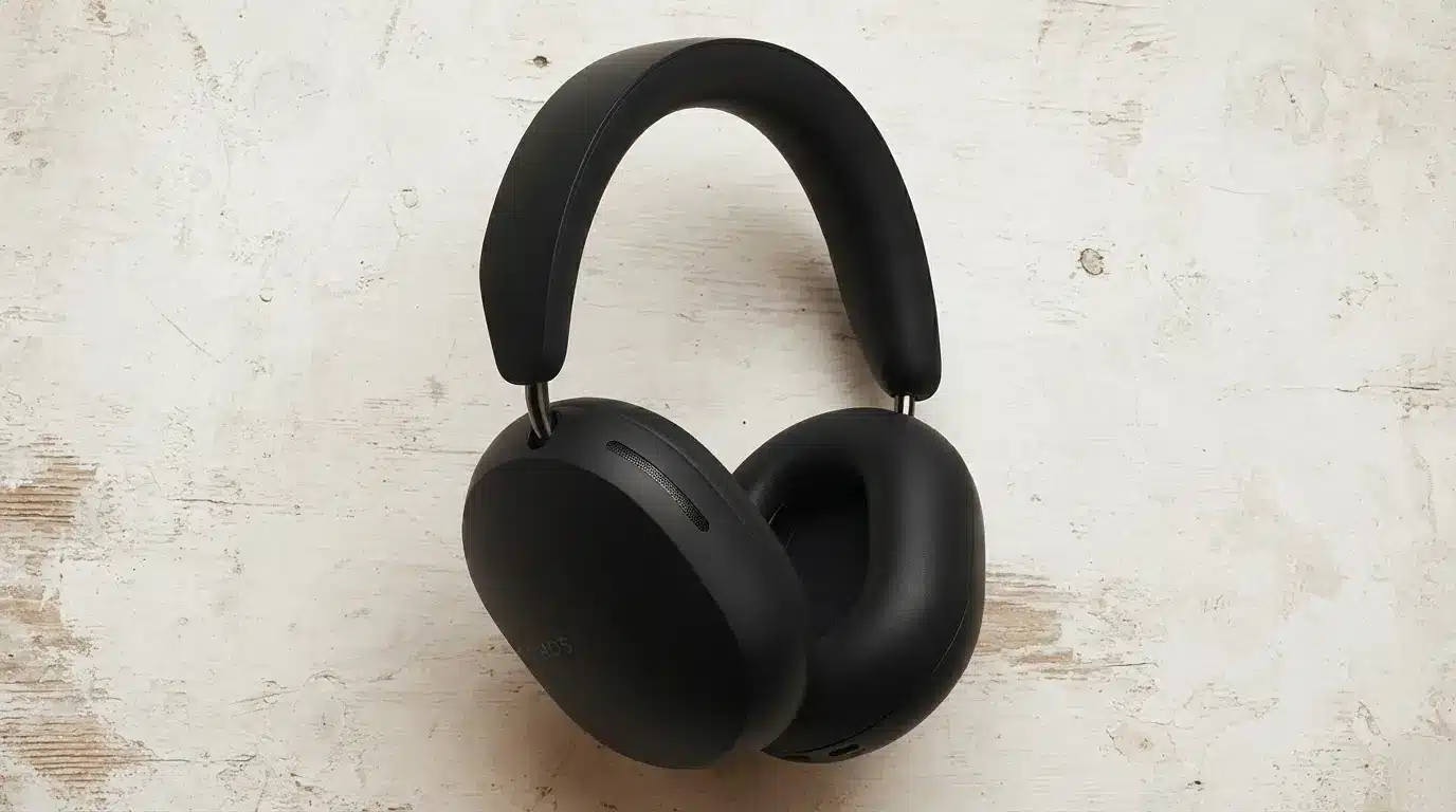black sonos ace headphones shown at an angle with padded headband and cushioned ear cups on rustic white background